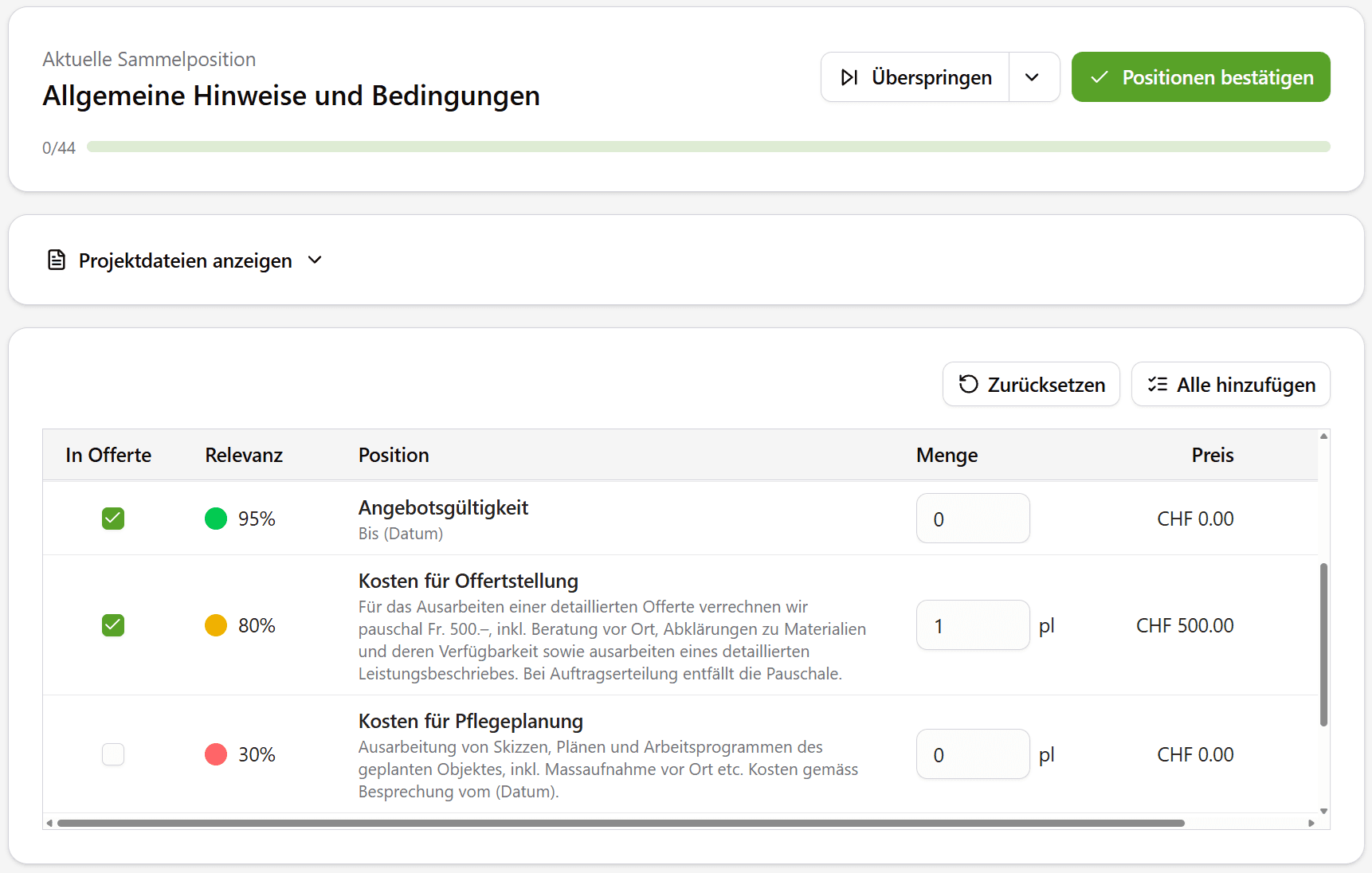 Screenshot der Devisieren App mit den Ergebnissen der KI-Plananalyse